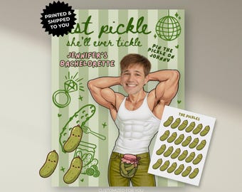 May include: A bachelorette party game poster featuring a muscular cartoon figure with a photo face, wearing a white tank top and olive trousers. The text reads "best pickle she'll ever tickle", "Jennifer's Bachelorette", and "Pin the pickle on Johnny".