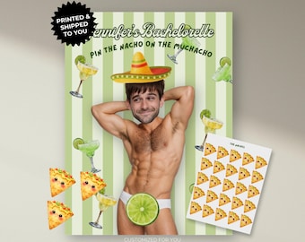 May include: A party game print for a bachelorette party. The print features a shirtless man wearing a sombrero, with the text "Jennifer's Bachelorette" and "Pin the Nacho on the Muchacho". Includes a sheet of nacho stickers.