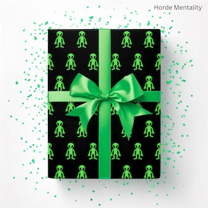 Green Black Alien Wrapping Paper for Sci-Fi Lover Outerspace Aliencore Giftwrap Conspiracy Galactic Cosmic Cryptid Gift Wrap Neon Alien UFO