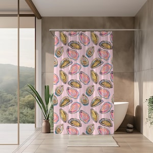 May include: A pink shower curtain featuring a repeating pattern of watercolor oyster illustrations. The oysters have pink, gold, and blue hues. The curtain is hanging in a modern bathroom with a white tub and a large window.