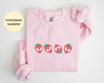 Cute Alien Embroidered Sweater Strawberry Alien Crewneck Sweatshirt Cryptid Shirt Conspiracy Theory Gift Cute Spooky Longsleeve Minimalist