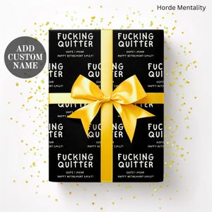 Papel de regalo personalizado para jubilación, divertido, personalizable, con nombre, feliz jubilación, sarcástico, personalizado, humor para adultos, rollo de papel negro.