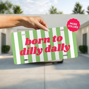 Może przedstawiać: Tablica rejestracyjna z zielono-białym paskiem i napisem "born to dilly dally" w czerwonych literach. Różowa naklejka w prawym górnym rogu mówi "MORE COLORS".