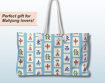 Mahjong Beach Bag Print Tile Pattern Blue Weekender Tote Tile Design Mahj Lover Gift Mahjong Accessory Mah Jongg Large Travel Bag