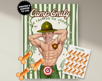 May include: A novelty poster with a cartoon illustration of a muscular man in a park ranger hat. The poster includes the text "Camp Emily" and "Pin the Log on Johnny". A sheet of "The Logs" stickers is also included.