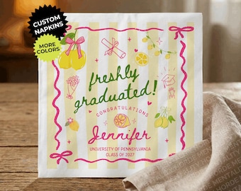 Custom Freshly Graduated Napkins Personalize Pink Yellow Lemon Graduation Class 2026 Women Grad Party Decor Cocktail Napkins College Masters