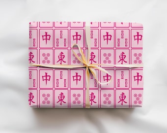 Pink Mahjong Wrapping Paper for Mahjongg Birthday Party Wrapping Paper Girly Mahj Squad Gift Wrap Cute Mah Jong Tile Giftwrap for Game Night