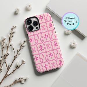May include: A pink phone case with a repeating pattern of pink Chinese characters and symbols. The case is designed for iPhone, Samsung, or Pixel phones.