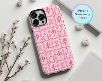 Cute Mahjong Phone Case Pink Mahjong Design Girly Mahjong Lover Gift Idea Mahjong Theme Merch Mah Jongg Samsung S24 25 Mahjong Tile Print