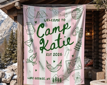 Custom Camp Bachelorette Party Tapestry Personalized Camping Theme Girls Weekend Trip Backdrop Last Trail Summer Lake Wife Life Bach Decor
