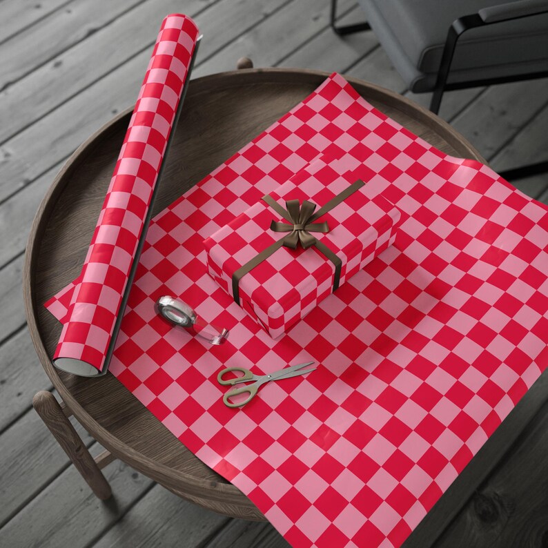 Pink and Orange Checker Wrapping Paper Modern Checkerboard Paper Roll Girly Preppy Gift Wrap Y2K Cute Giftwrap for Birthday Retro Decor 90s image 8