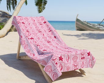 ＊PINK♡ビーチタオル＊ Pink Coastal Beach Towel, Women's Girly Pink Orange Seashell Pool