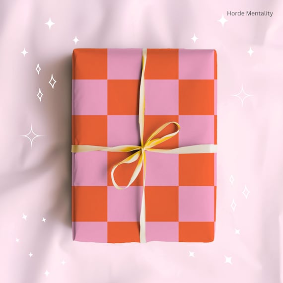 Pink and Orange Checker Wrapping Paper Modern Checkerboard Paper Roll Girly Preppy Gift Wrap Y2K Cute Giftwrap for Birthday Retro Decor 90s