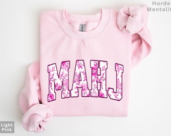 Pink Toile Mahj Sweatshirt für Frauen Elegantes Blumen Mahjong Sweat Shirt Pink Chinoiserie Mahjongg Loverr Bekleidung Geschenk für Mah Jong Spieler