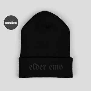 Elder Emo Beanie Hat Black Monochrome Embroidered Beanie for Adult Gift for Goth Mom Grunge Winter Hat Mens Metalhead Emo Punk Alternative