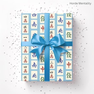Cute Mahjong Wrapping Paper Blue Preppy Mah Jongg Tile Pattern Gift Wrap Birthday Mahj Lover Holiday Party Favor Asian Game Decor Hostess