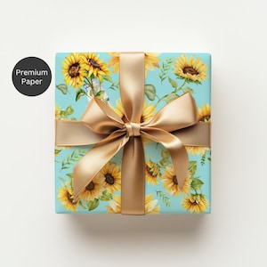 Sunflower Wrapping Paper Roll Cute Summer Floral Gift Wrap Nature Flower Giftwrap Sheet Blue Feminine Cottagecore Wedding Botanical Decor