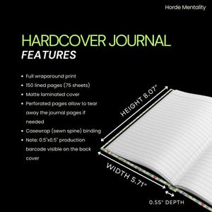 May include: A hardcover journal with lined pages, featuring a matte laminated cover and a full wraparound print. The journal measures 8.07 inches in height, 5.71 inches in width, and 0.55 inches in depth. The journal has perforated pages and a sewn spine.