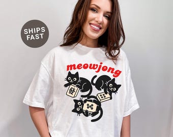 Meowjong Cat Mahjong Tshirt for Mahjong Lovers Game Night Group Mahjongg T-Shirt for Women Funny Mah Jongg Tee Tournament Shirt Mah-jongg