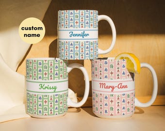 Individuell passende Mahjong Tasse Team Mahjongg Social Club Fliesenmuster Kaffeetasse Personalisierte Gruppe Mahjong Liebhaber Gastgeberin Geschenk Party Favor