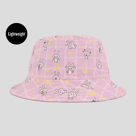 Cute Bunny Pink Bucket Hat Adult Pastel Celestial Moon Star Cats