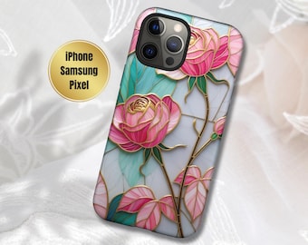 Pink Rose Faux Stained Glass Rose Phone Case Floral iPhone 16 Botanical Google Pixel 9 Flower Phone Cover Elegant Gift for Mom Pink Marble