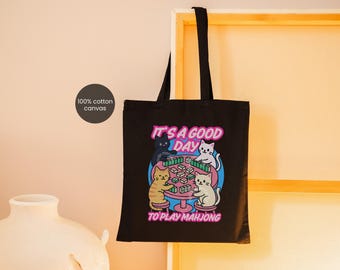 It's a Good Day to Play Mahjong Cotton Tote Bag Cute Cats Playing Mah jong Reusable Grocery Bag Funny Mahjongg Lover Gift for Mahj Players