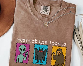 Alien Mothman Bigfoot Comfort Colors T-Shirt Respect the Locals Stamp Style T Shirt Cryptidcore Graphic Tee Cryptid Lovers Conspiracy Theory