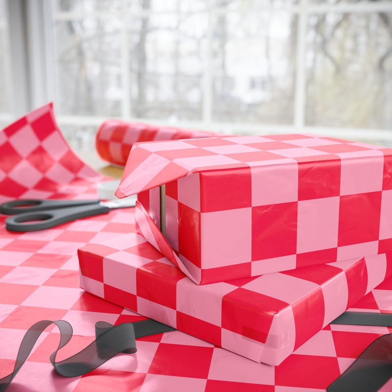 Pink and Orange Checker Wrapping Paper Modern Checkerboard Paper Roll Girly Preppy Gift Wrap Y2K Cute Giftwrap for Birthday Retro Decor 90s image 3
