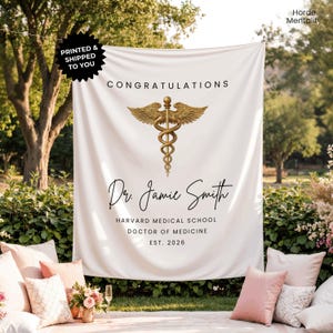Pancarta personalizada de graduación médica MD DO PharmD DDS Fondo de tela Decoración de bienvenida para fiesta de graduación de residencia de la facultad de medicina Dr.
