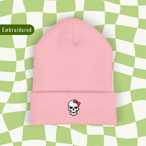 Cute Skull Embroidered Beanie Hat for Adult Women Pastel Goth Clothing Halloween Beanie Gift for Her Embroidered Winter Hat Kawaii Spooky