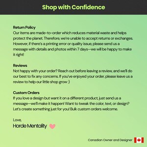 May include: A green background with the text "Shop with Confidence" at the top. The text describes the return policy, reviews, and custom order options. The shop is owned and designed by a Canadian.