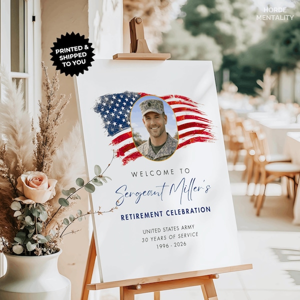 Photo de retraite militaire personnalisée Panneau de bienvenue Nom Rang bannière Affiche de toile de fond pour fête du drapeau des États-Unis, panneau en mousse, décor de vétérans de l'armée de l'air, de la marine et de la marine