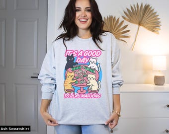 Cute Mahjong Sweatshirt Cats Playing MahJong TShirt for Women Pink Mah-Jongg Tee Mahjongg Cat Mom Purple Mah-Jong Player Gift Comfort Colors
