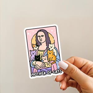 Pegatina de la Madre de los Gatos, parodia de la Mona Lisa, divertida calcomanía de la carta del Tarot de la Señora Loca de los Gatos para portátil, vinilo, linda pegatina estética