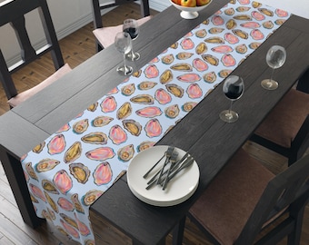 Oyster Table Runner Coastal Dining Kitchen Home Decor Sea Shells Wedding Decor Accessory Beachy  Summer Party Table Fabric Cloth Ocean Boho