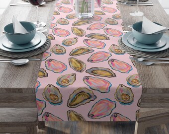 Oyster Table Runner Coastal Dining Kitchen Home Decor Sea Shells Wedding Decor Accessory Beachy  Summer Party Table Fabric Cloth Ocean Boho