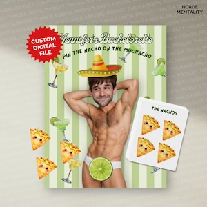 May include: A digital file for a bachelorette party game. The design features a man wearing a sombrero, with the text "Jennifer's Bachelorette, Pin the Nacho on the Muchacho." Includes illustrations of nachos, margaritas, and a lime.