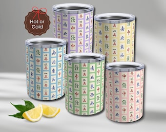 Mahjong Party Favors Cute Mah Jongg Tumbler 10oz Gift from Hostess Mahjongg Lover Travel Mug Asian Tile Design Stainless Steel Cup Mah-Jongg