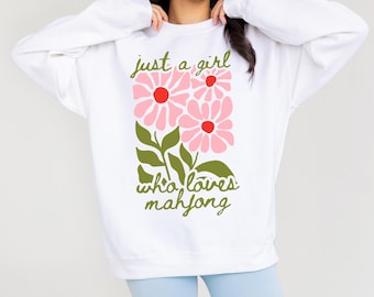 Just A Girl Who Loves to Mahj Sweatshirt Mahjong Player Pink Floral Sweatshirt Geschenk Unisex Blau Mah Jongg Liebhaber Damen Langarm Bekleidung