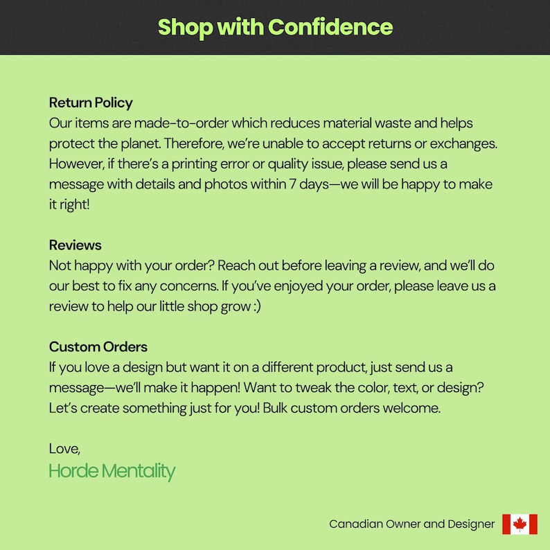 May include: A green background with the text "Shop with Confidence" at the top. The text describes the return policy, reviews, and custom order options. The shop's name, "Horde Mentality," is also displayed.