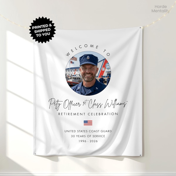 Photo personnalisée de bannière de départ à la retraite de la garde-côte personnalisée signe de bienvenue, tapisserie patriotique, décor de fête de départ à la retraite de l'USCG, cérémonie des anciens combattants