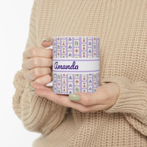 Custom Matching Mahjong Mug Team Mahjongg Social Club Tile Pattern Coffee Cup Personalized Group Mah Jong Lover Hostess Gift Party Favor Purple