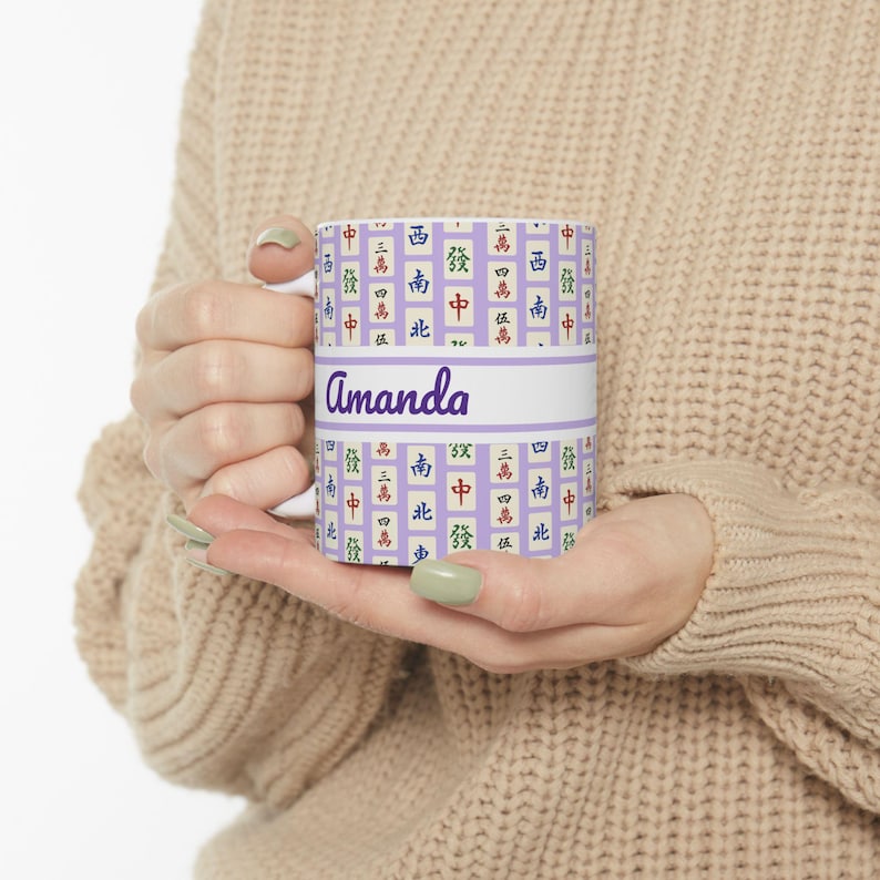 Custom Matching Mahjong Mug Team Mahjongg Social Club Tile Pattern Coffee Cup Personalized Group Mah Jong Lover Hostess Gift Party Favor Purple