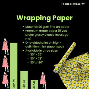 May include: Wrapping paper with a lemon design. The image shows a roll of paper and a wrapped gift. The text indicates the paper is available in three sizes: 76cm x 91cm, 76cm x 183cm, and 76cm x 457cm.