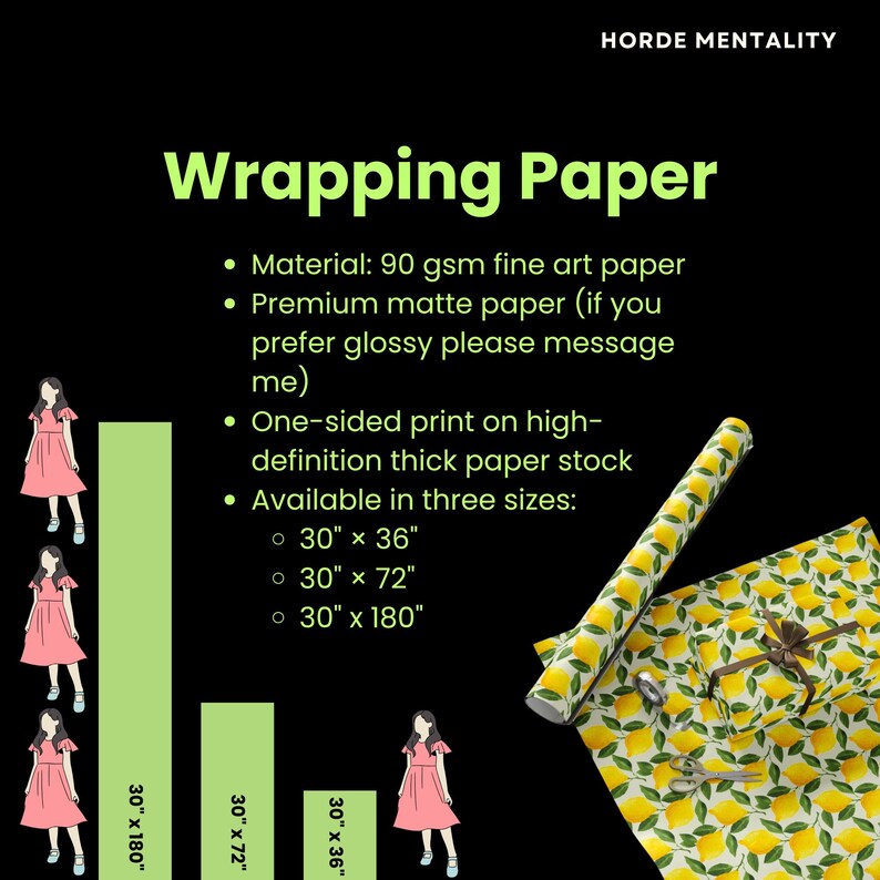 May include: Wrapping paper with a lemon design. The image shows a roll of paper and a wrapped gift. The text indicates the paper is available in three sizes: 76cm x 91cm, 76cm x 183cm, and 76cm x 457cm.