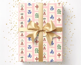 Cute Mahjong Wrapping Paper Pink Preppy Mah Jongg Tile Pattern Gift Wrap Birthday Mahj Lover Holiday Party Favor Asian Game Decor Hostess
