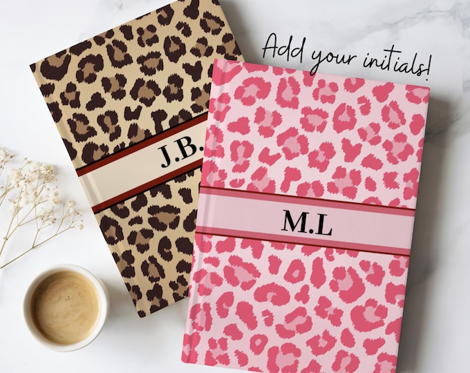 Custom Initials Classy Leopard Print Hardcover Journal Personalized Cute Pink Animal Print Ruled Line Notebook Aesthetic Gift for Girlfriend