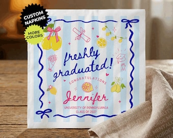 Custom Freshly Graduated Napkins Personalize Preppy Blue Lemon Graduation Class 2026 Women Grad Party Decor Cocktail Napkins College Masters
