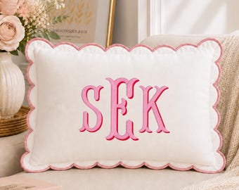 Custom Initial Pillow, Embroidered Monogram Pillow, Personalized Scallop Trim Pillowcase, Nursery Decor , Bedroom Decor, Newborn Keepsake